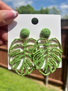 Green Raffia Monstera Leaf Statement Earrings